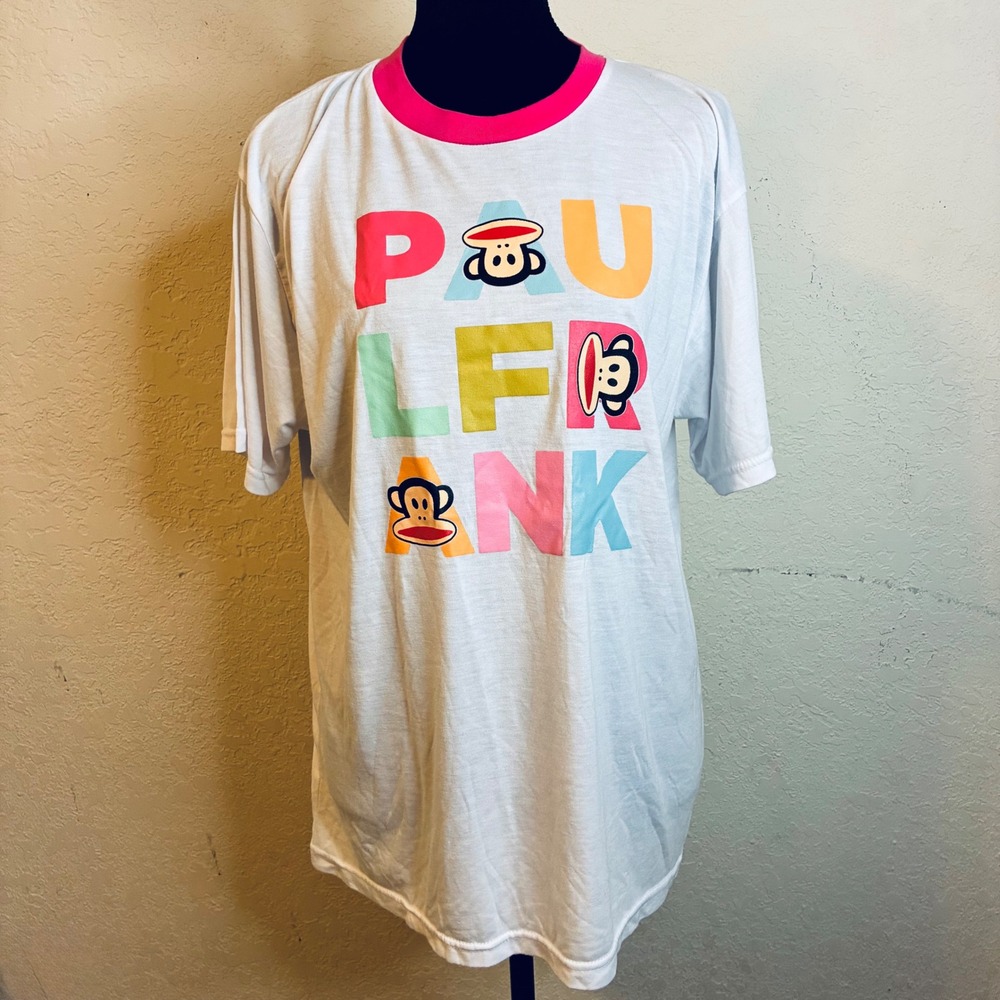 Paul Frank Julius Monkey Graphic Ringer T-Shirt Womens Medium White Pink Rare